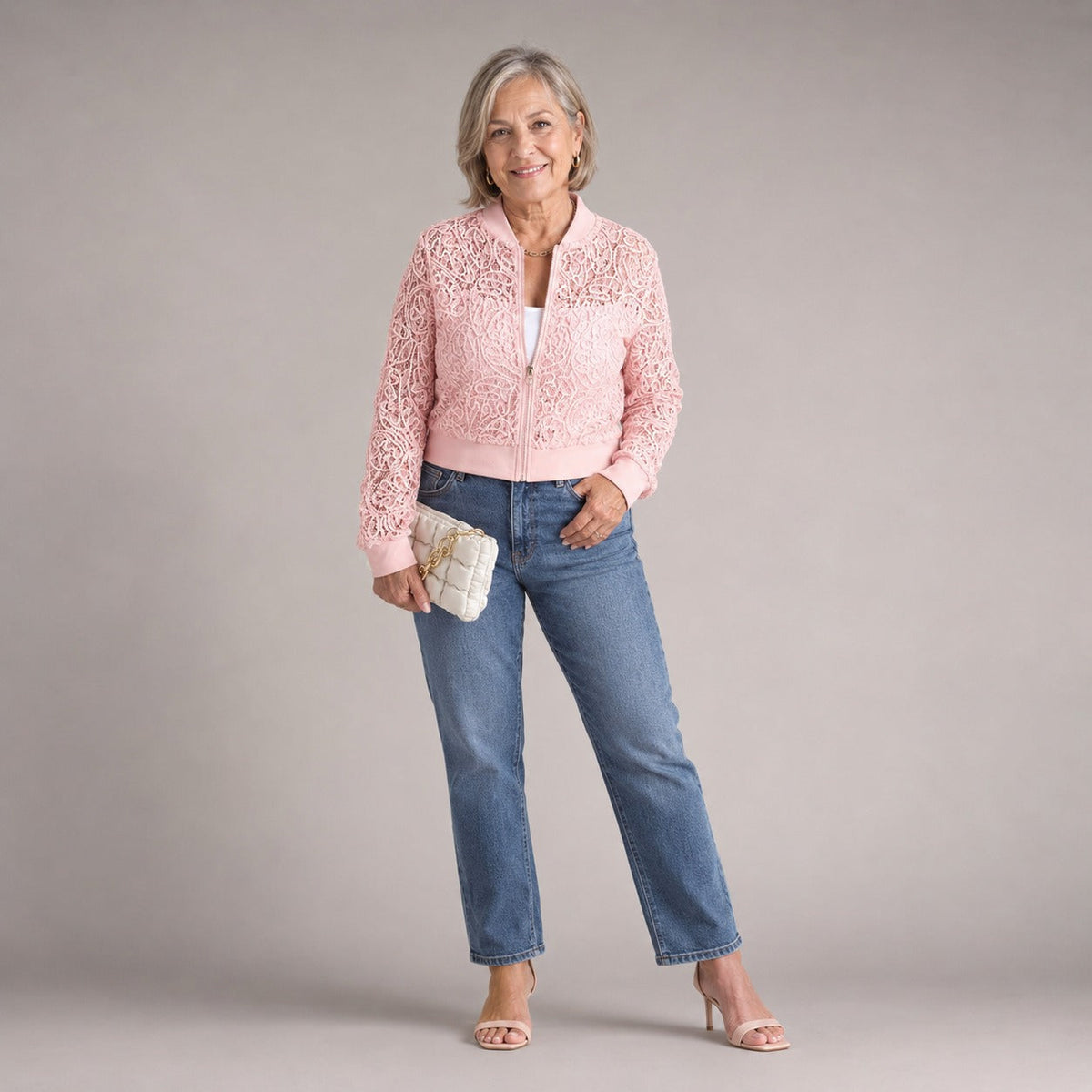 Floral Lace Ribbed Trim Cropped Bomber Jacket 4