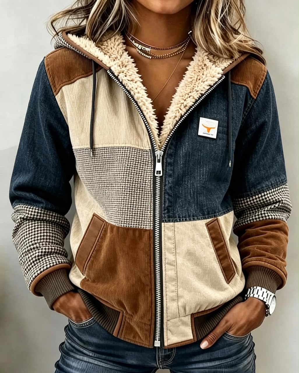 Sherpa Lined Hooded Zip Front Patchwork Corduroy Jacket
