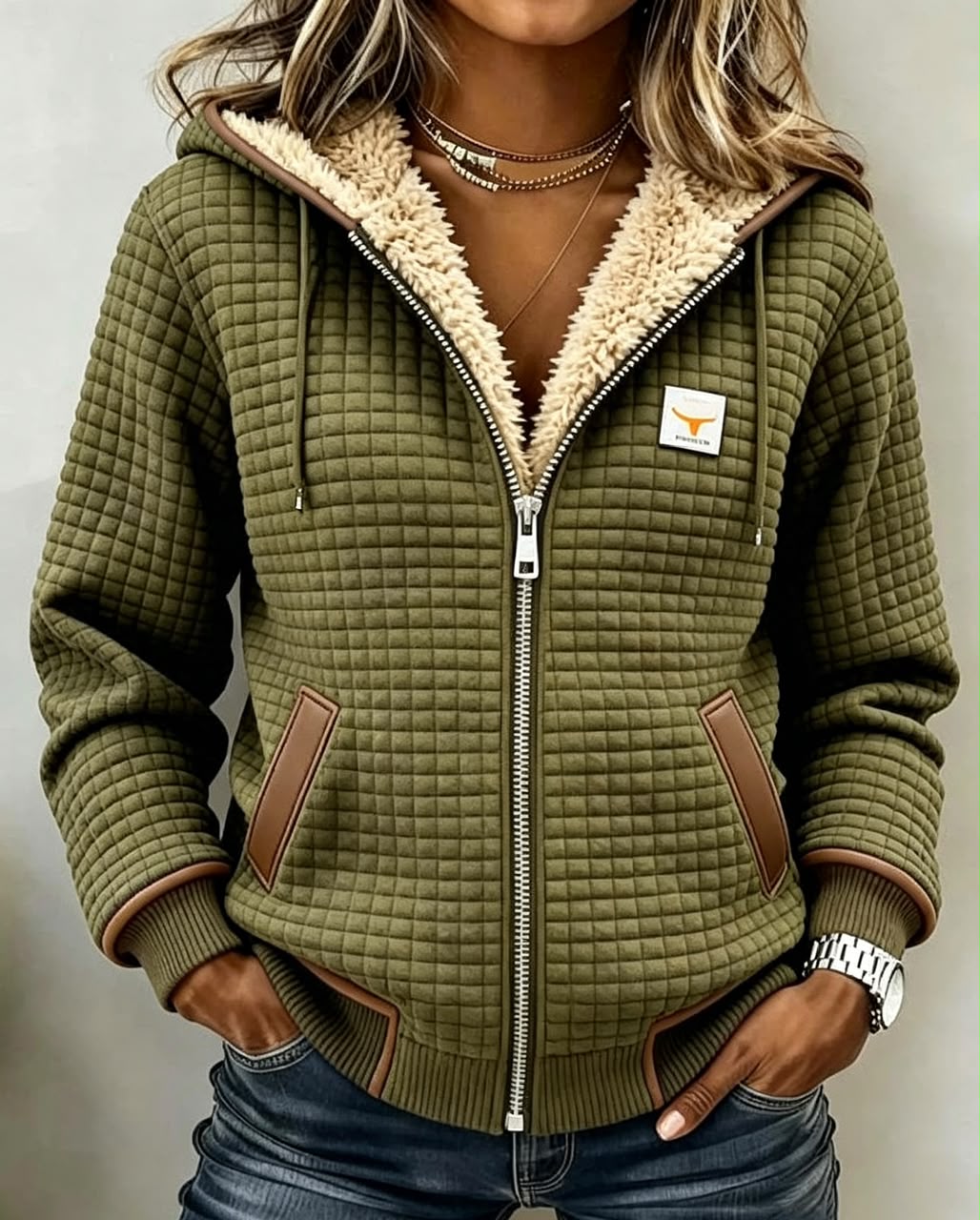 Sherpa Lined Quilted Zip Front Drawstring Hooded Jacket