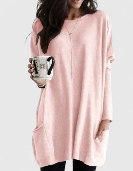 Round Neck Long Sleeve Oversized Pocket Tunic Top
