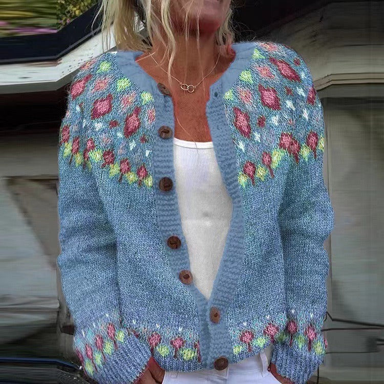 Round Neck Button Front Fair Isle Floral Knit Cardigan