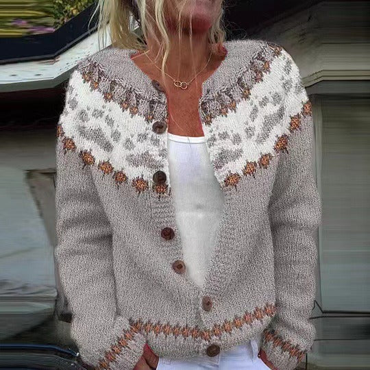 Fair Isle Patterned Yoke Round Neck Button Knit Cardigan