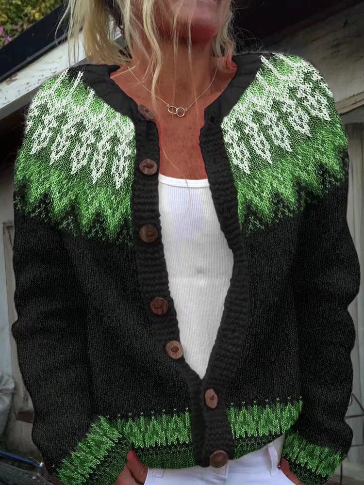 Fair Isle Button Front Long Sleeve Cardigan