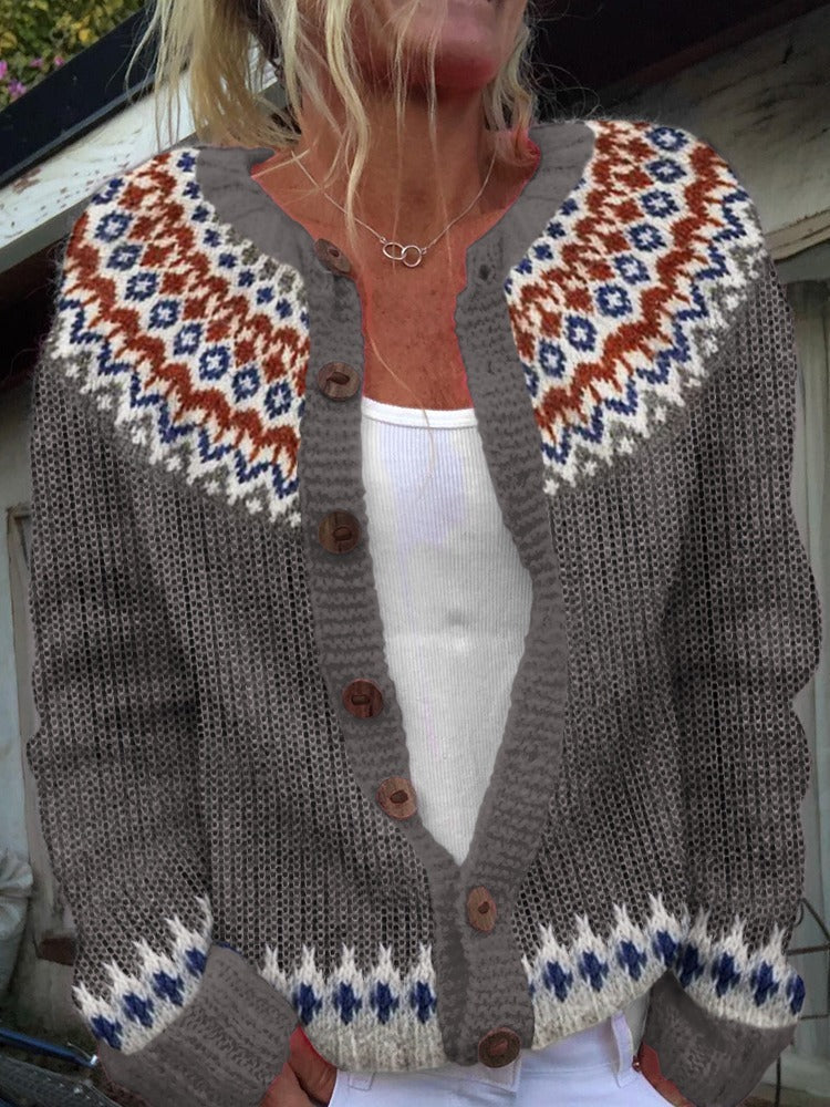 Fair Isle Round Neck Button Front Chunky Knit Cardigan