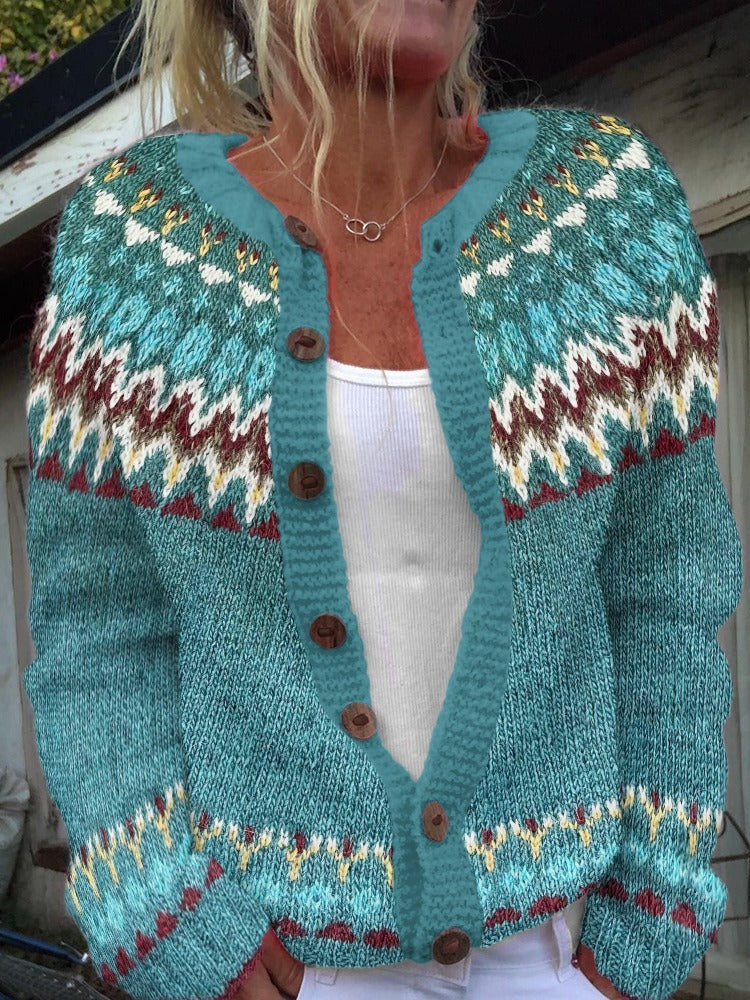 Fair Isle Round Neck Button Front Knit Cardigan