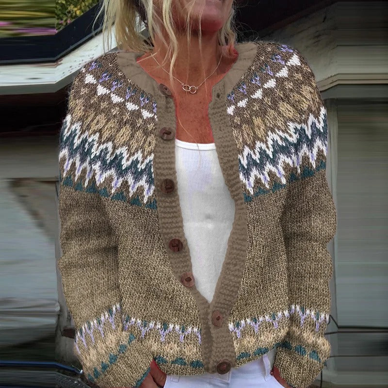 Nordic Fair Isle Crew Neck Button Front Knit Cardigan
