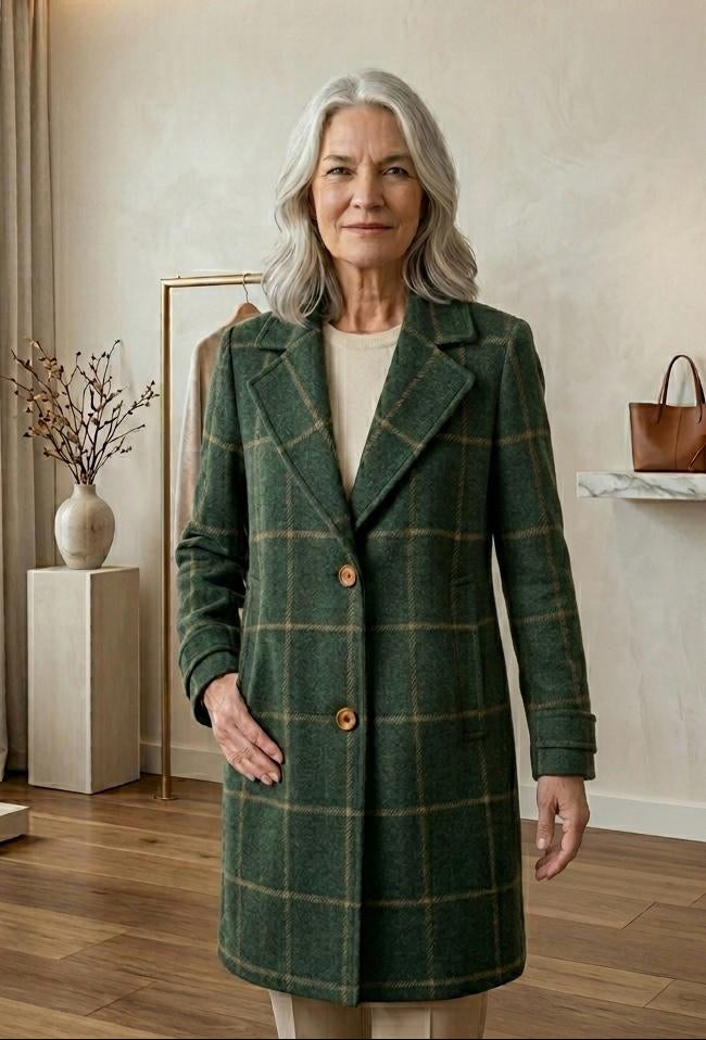Windowpane Check Notch Lapel Single Breasted Tweed Coat 2