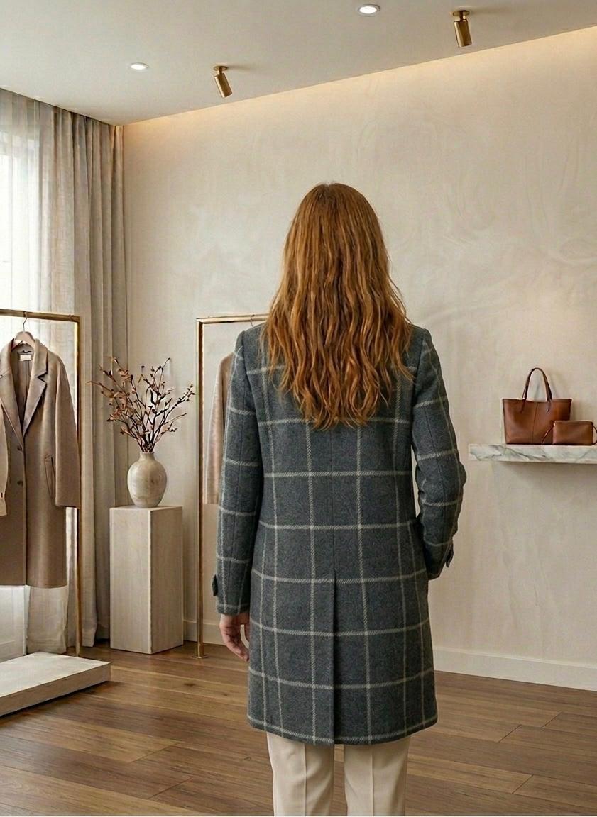 Windowpane Check Notch Lapel Single Breasted Tweed Coat 8