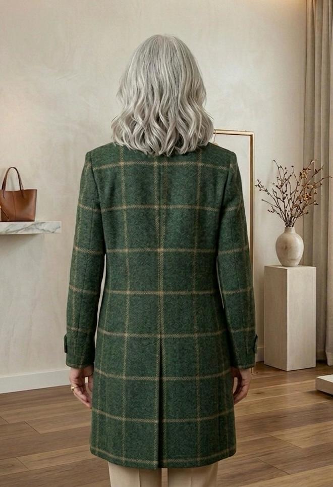 Windowpane Check Notch Lapel Single Breasted Tweed Coat 4