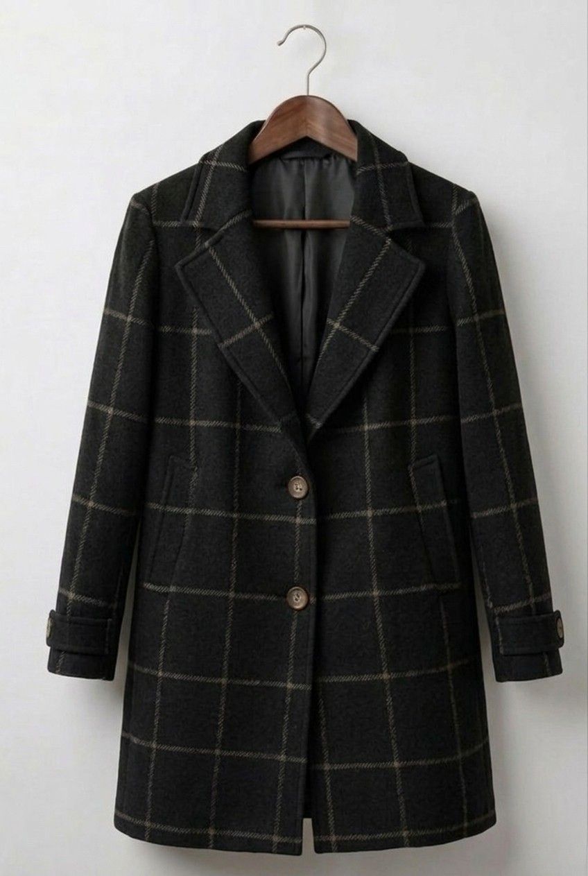 Windowpane Check Notch Lapel Single Breasted Tweed Coat 10
