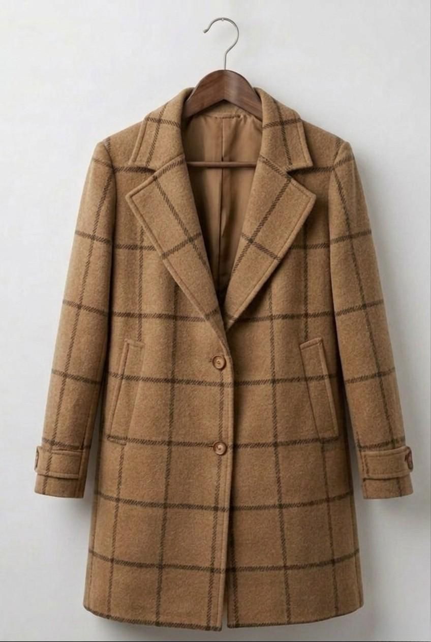 Windowpane Check Notch Lapel Single Breasted Tweed Coat 9