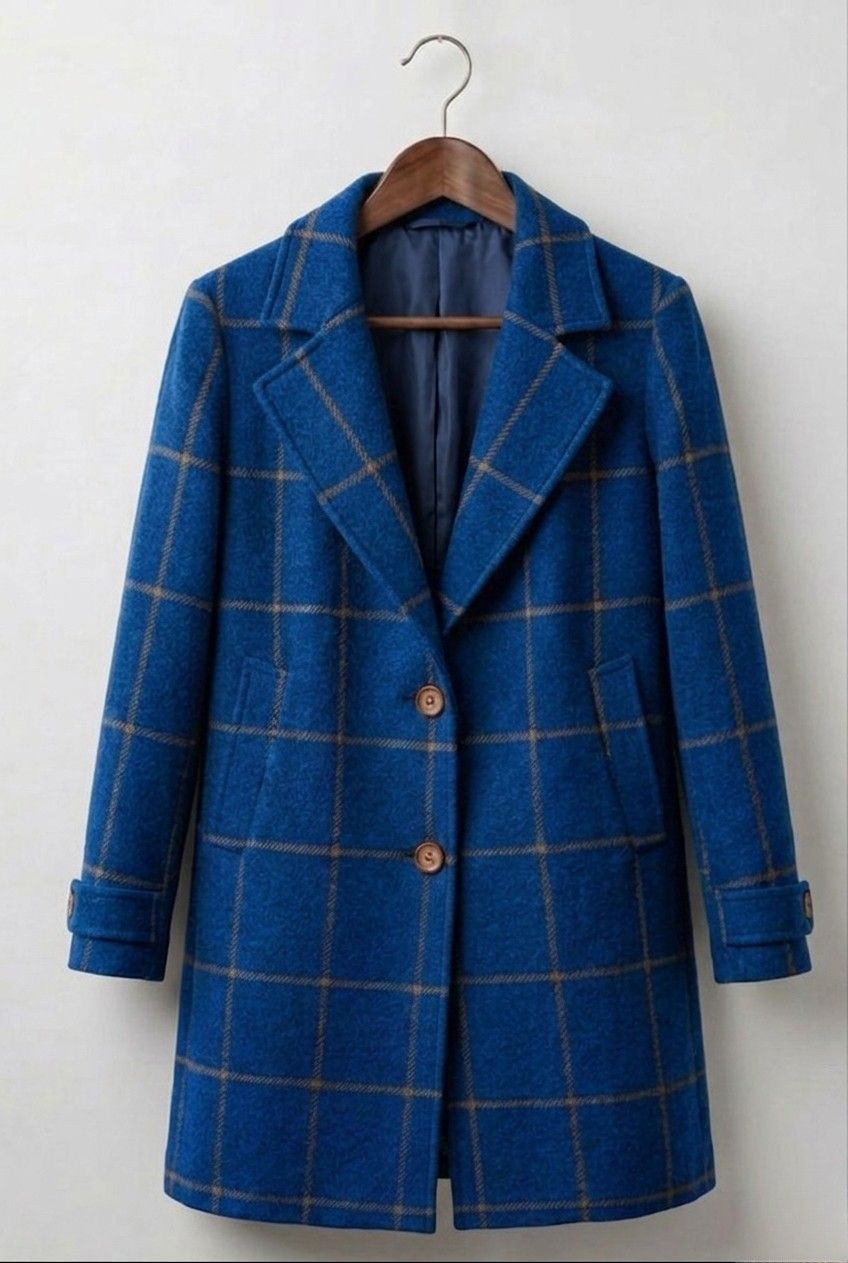 Windowpane Check Notch Lapel Single Breasted Tweed Coat 11