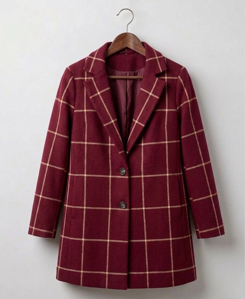 Windowpane Check Notch Lapel Single Breasted Tweed Coat 12