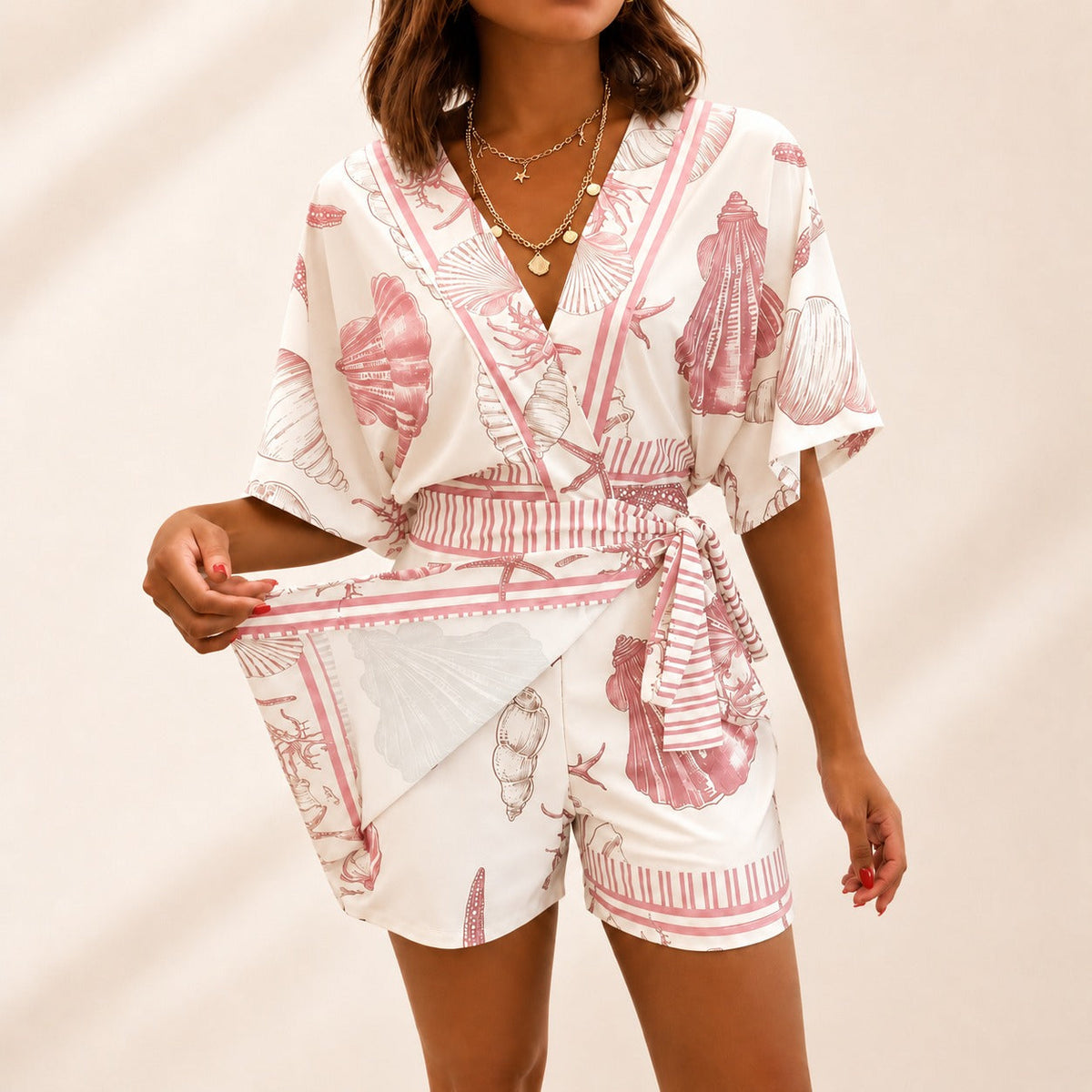 Seashell Print Wrap Top and Tie Waist Shorts Two Piece Set 2