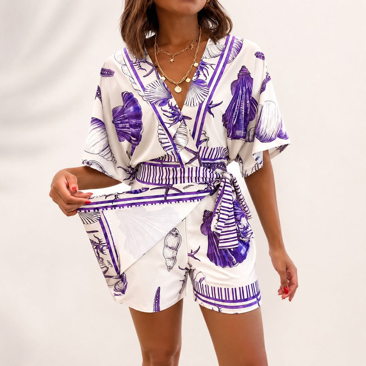 Seashell Print Wrap Top and Tie Waist Shorts Two Piece Set 5