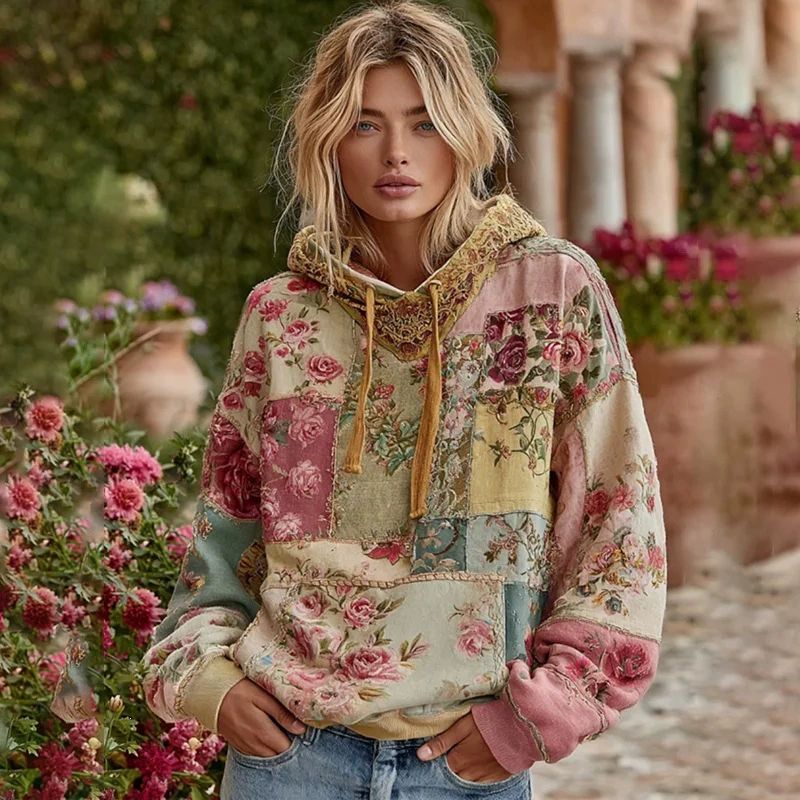 Floral Embroidered Drawstring Hooded Sweatshirt 4