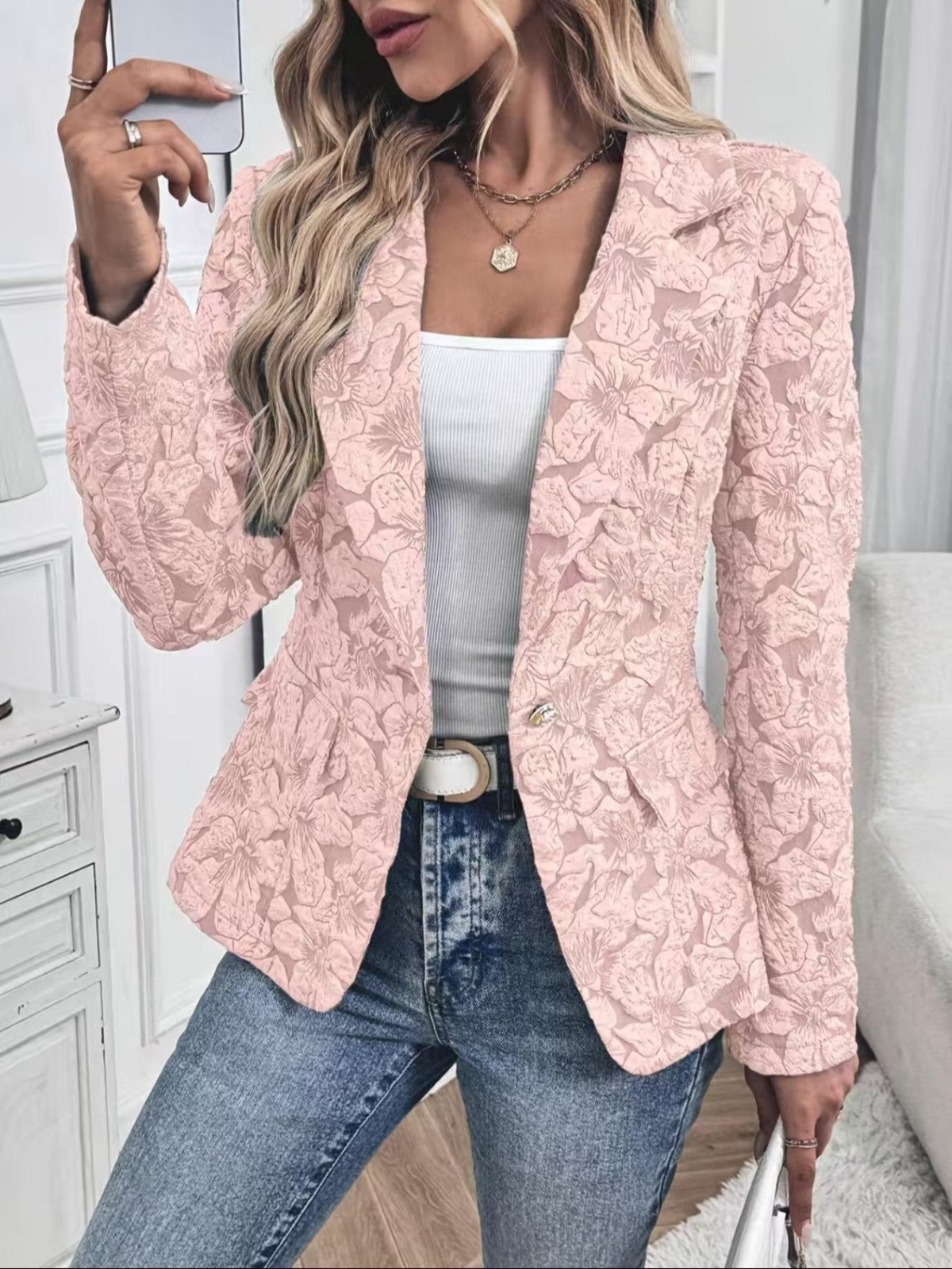 Floral Jacquard Notch Lapel Fitted Blazer 8
