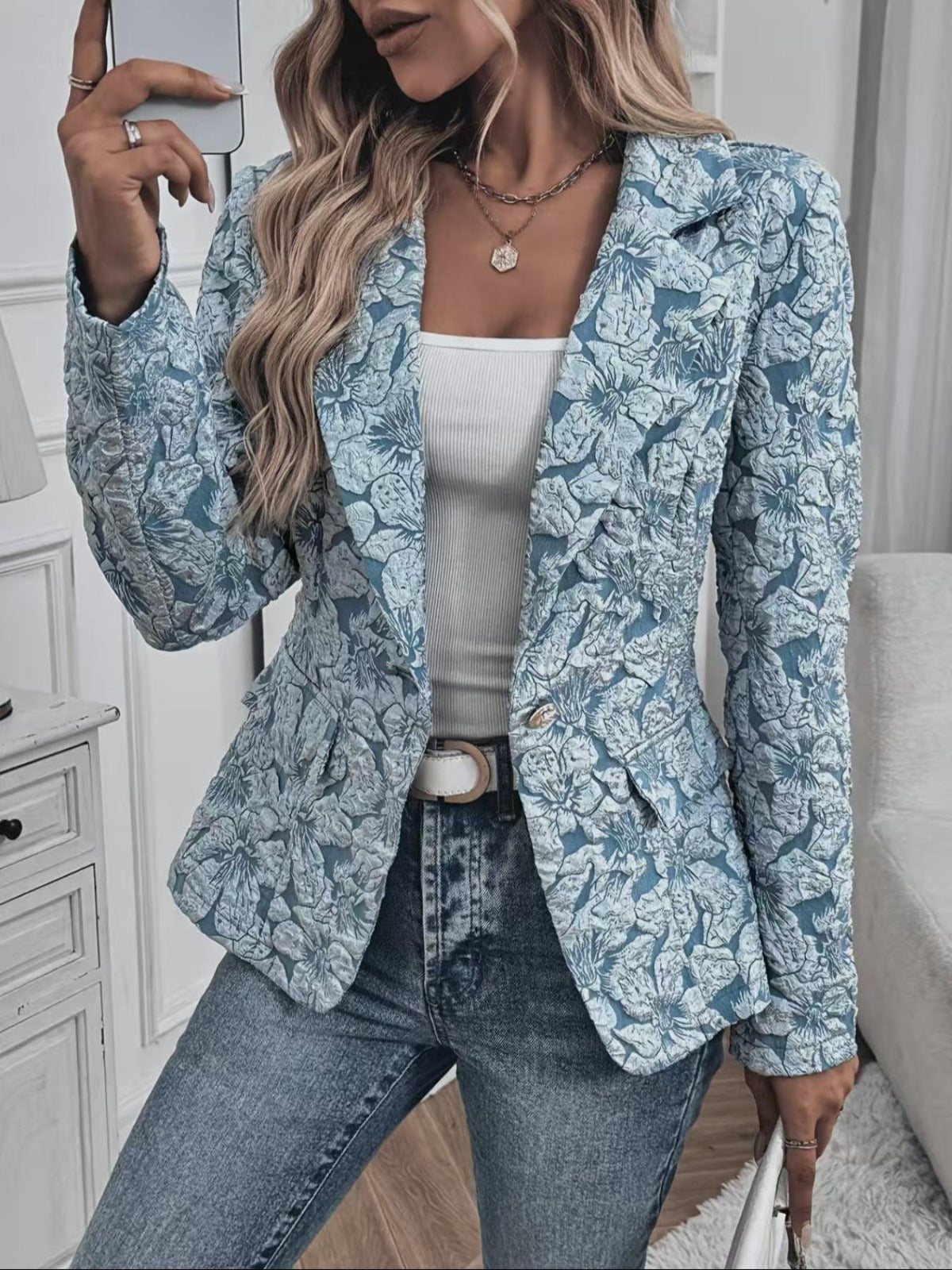 Floral Jacquard Notch Lapel Fitted Blazer 5