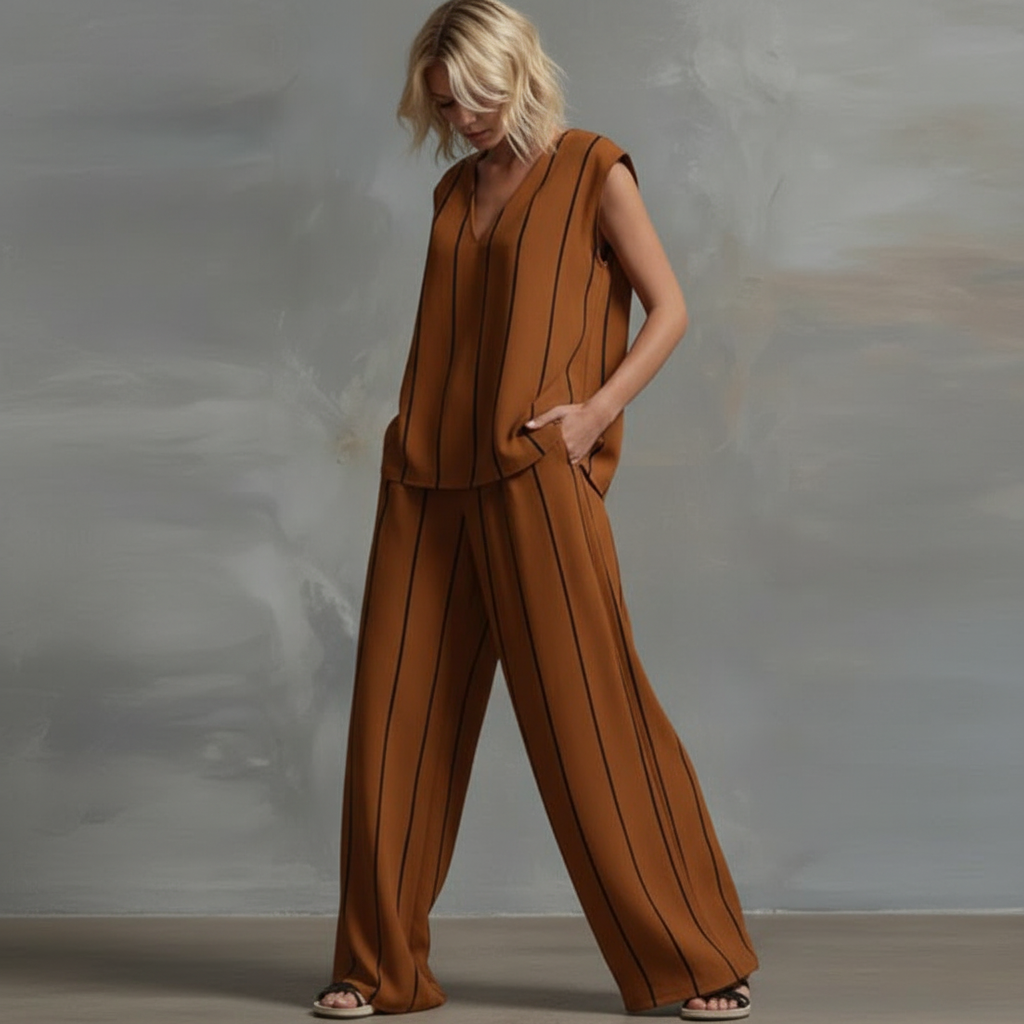 Striped V-Neck Sleeveless Top and Wide Leg Pants Two Piece Set 3