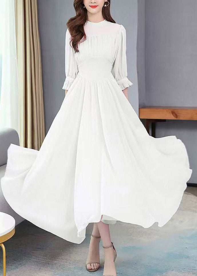 High Neck Puff Sleeve Ruched Chiffon Flowy Maxi Dress - View 2