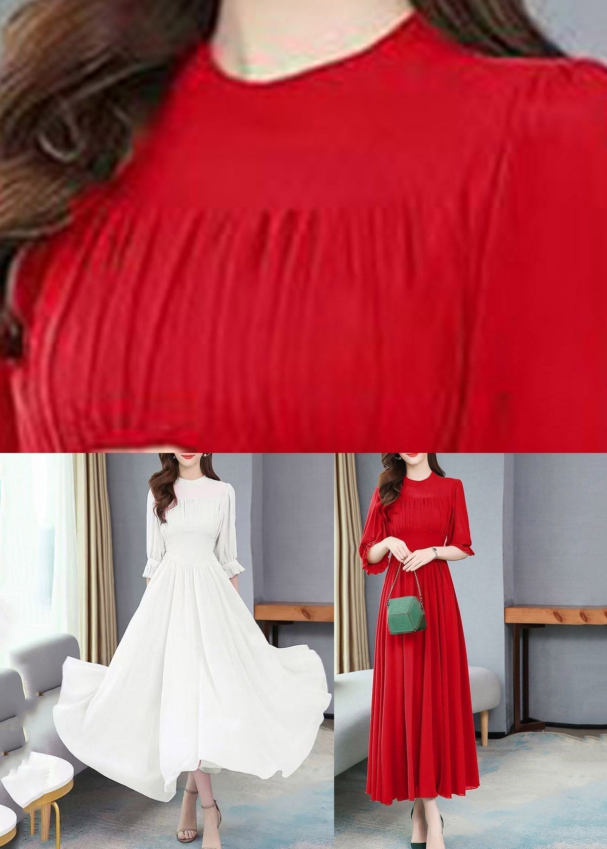 High Neck Puff Sleeve Ruched Chiffon Flowy Maxi Dress - View 5