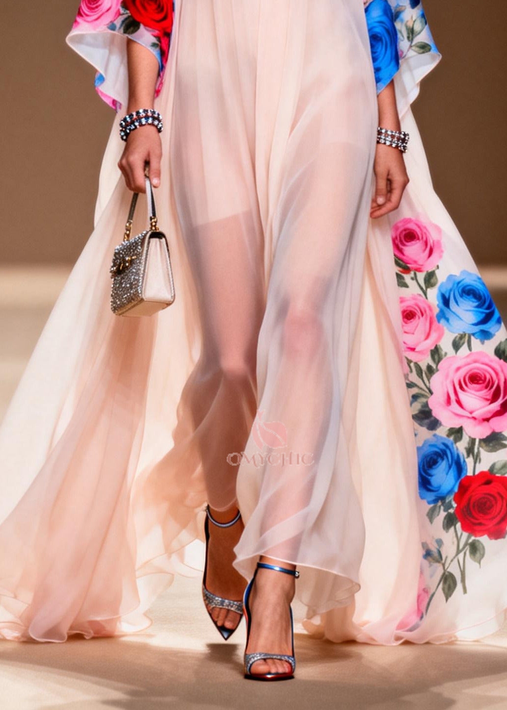 Floral Print Deep V-Neck Cape Sleeve Sheer Chiffon High Low Maxi Gown - View 4