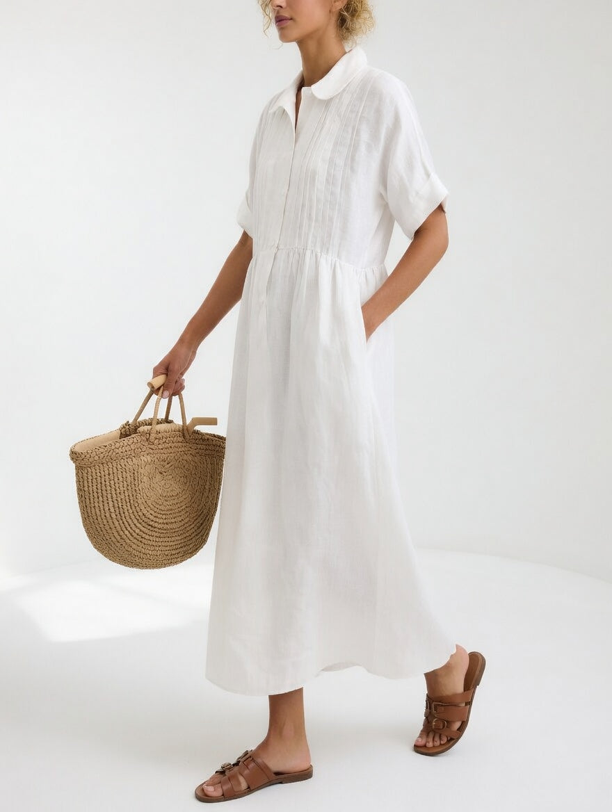 Collared Button Front Pintuck Tiered Maxi Shirt Dress 2
