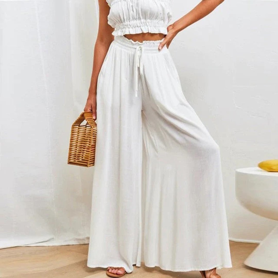 Strapless Smocked Top and Wide Leg Drawstring Pants Two Piece Set 2