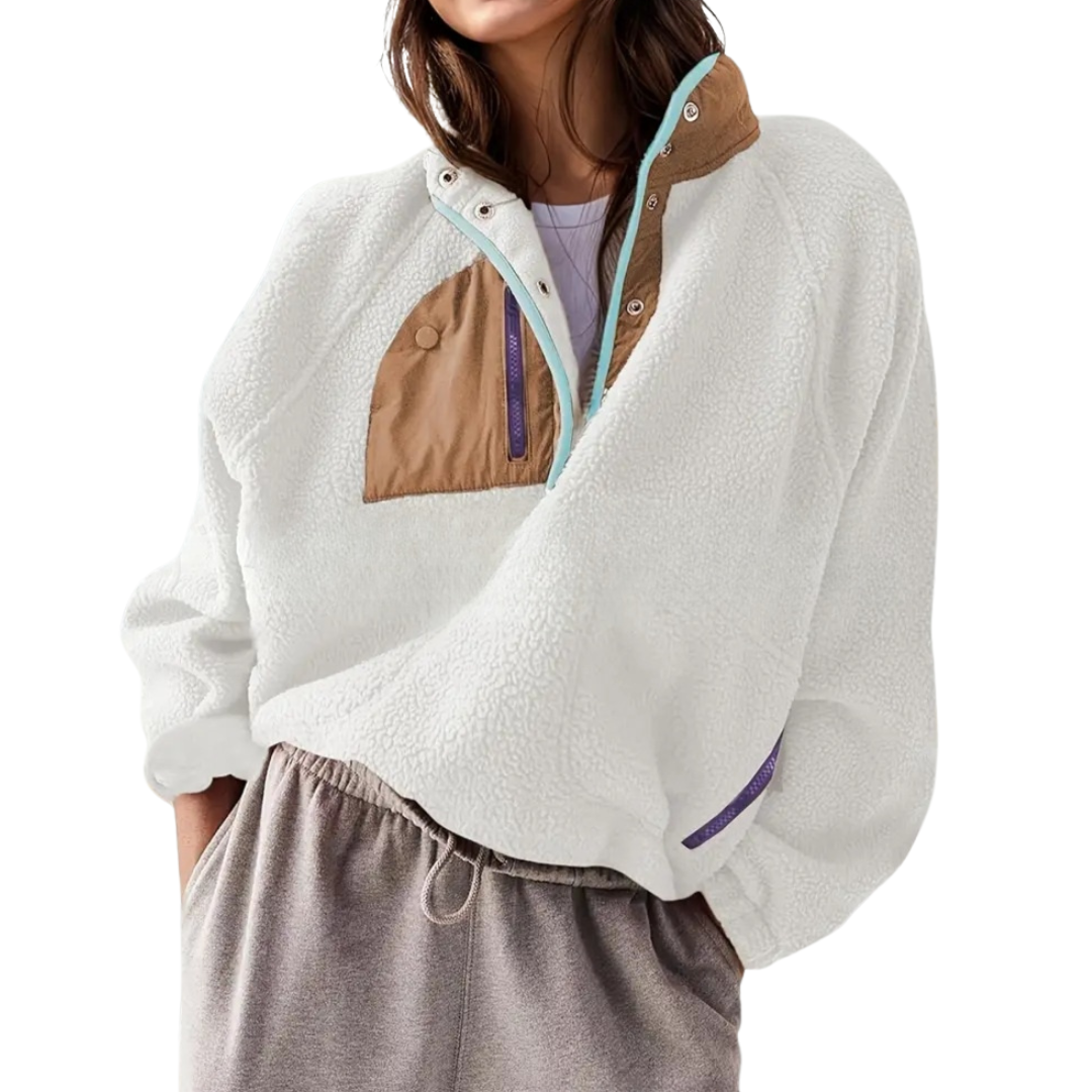 Stand Collar Snap Button Zip Pocket Oversized Sherpa Fleece Pullover 3