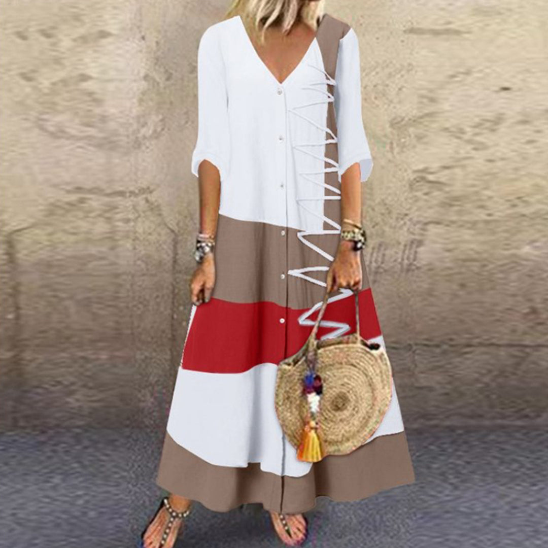 V-Neck Three Quarter Sleeve Button Front Lace Up Trim Maxi Dress - View 3