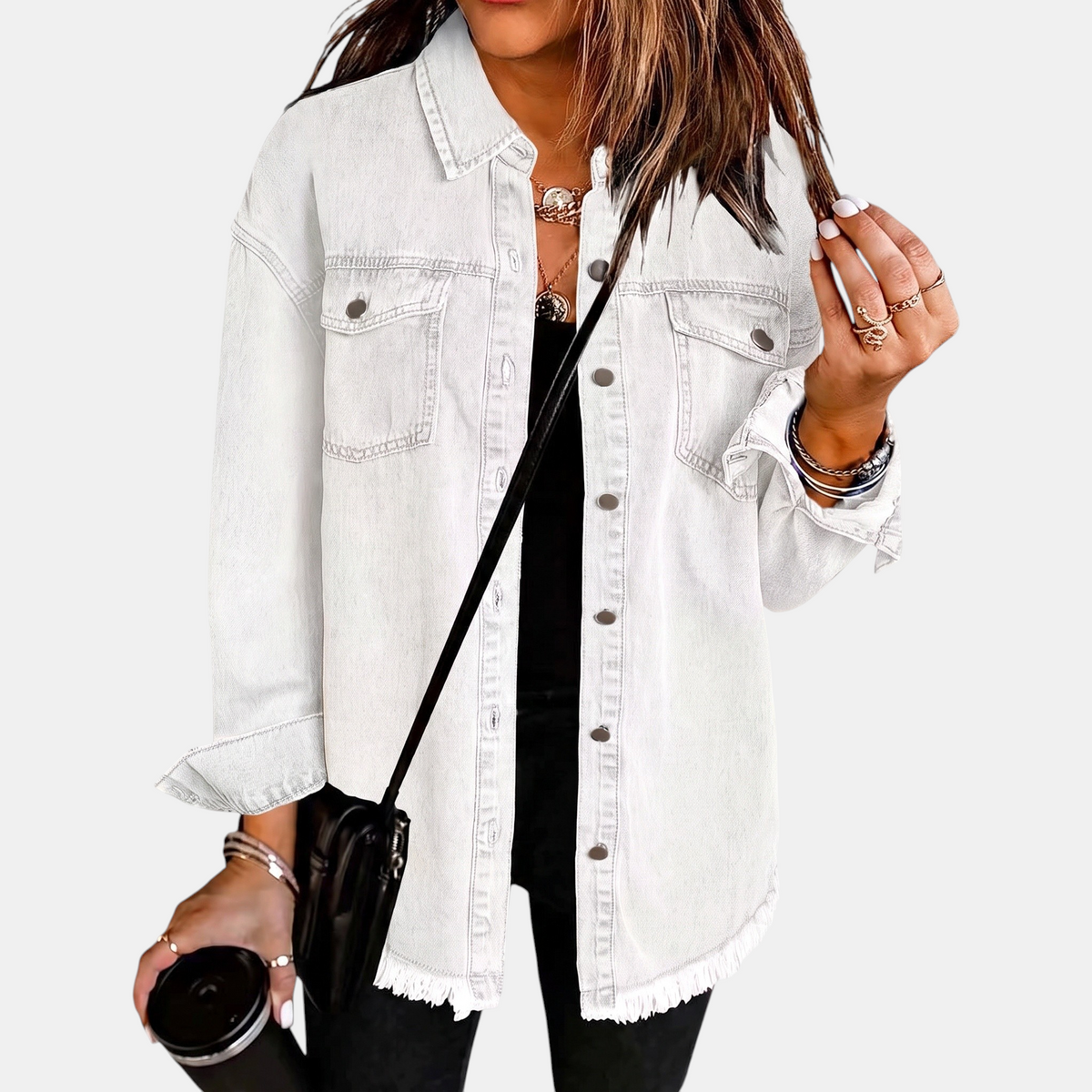 Oversized Frayed Hem Button Front Denim Shacket 6