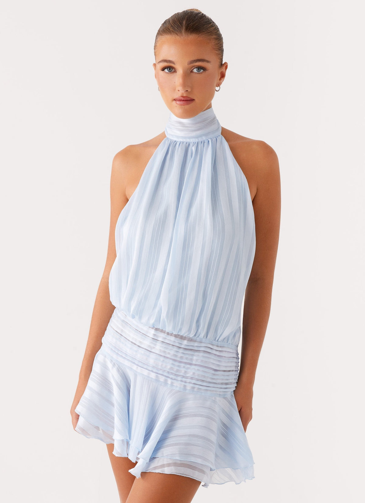 Striped High Halter Neck Sleeveless Drop Waist Ruffle Mini Dress