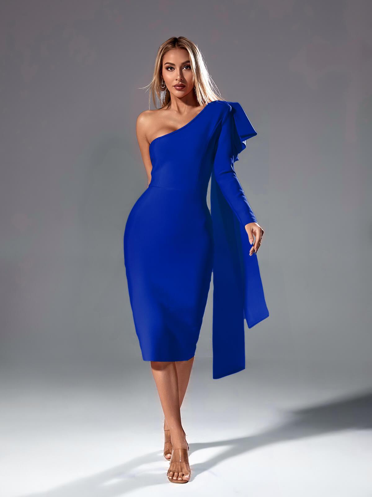 Bandage One Shoulder Long Sleeve Ruffle Midi Dress - View 2