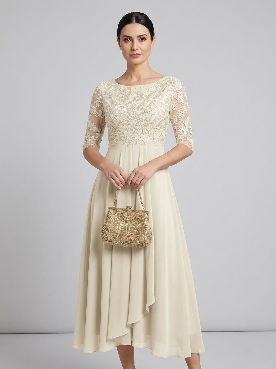 Lace Bodice Short Sleeve Chiffon A-Line Midi Dress Wedding Guest 8
