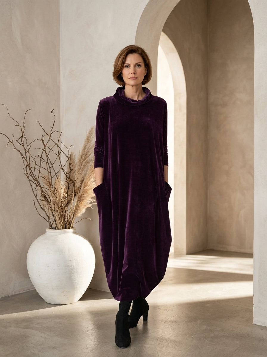 Cowl Neck Long Sleeve Velvet Cocoon Maxi Dress