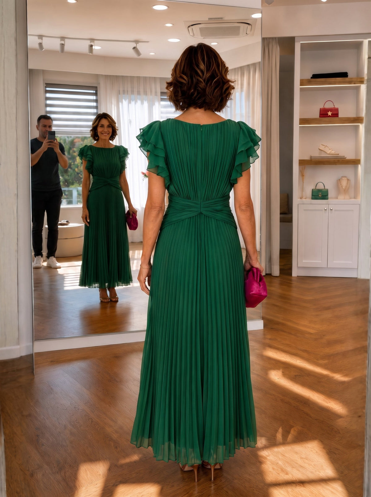 Pleated Boat Neck Flutter Sleeve Twist Waist Maxi Dress 7