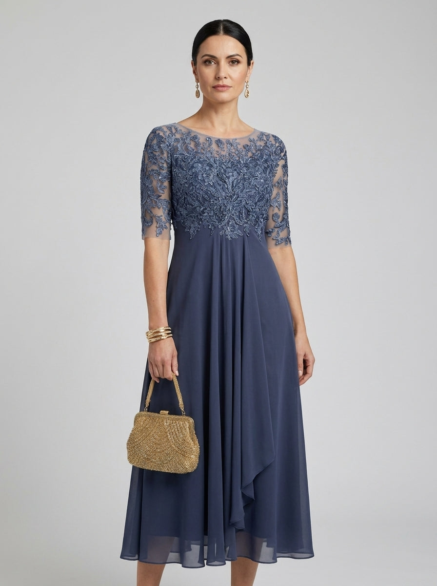 Lace Bodice Short Sleeve Chiffon A-Line Midi Dress Wedding Guest 2