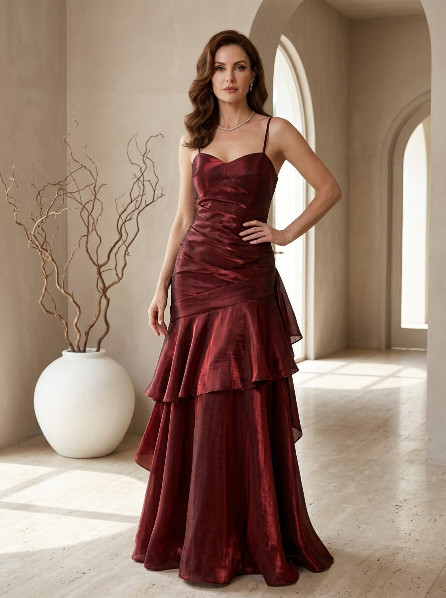 Satin Ruched Spaghetti Strap Tiered Ruffle Maxi Gown 4