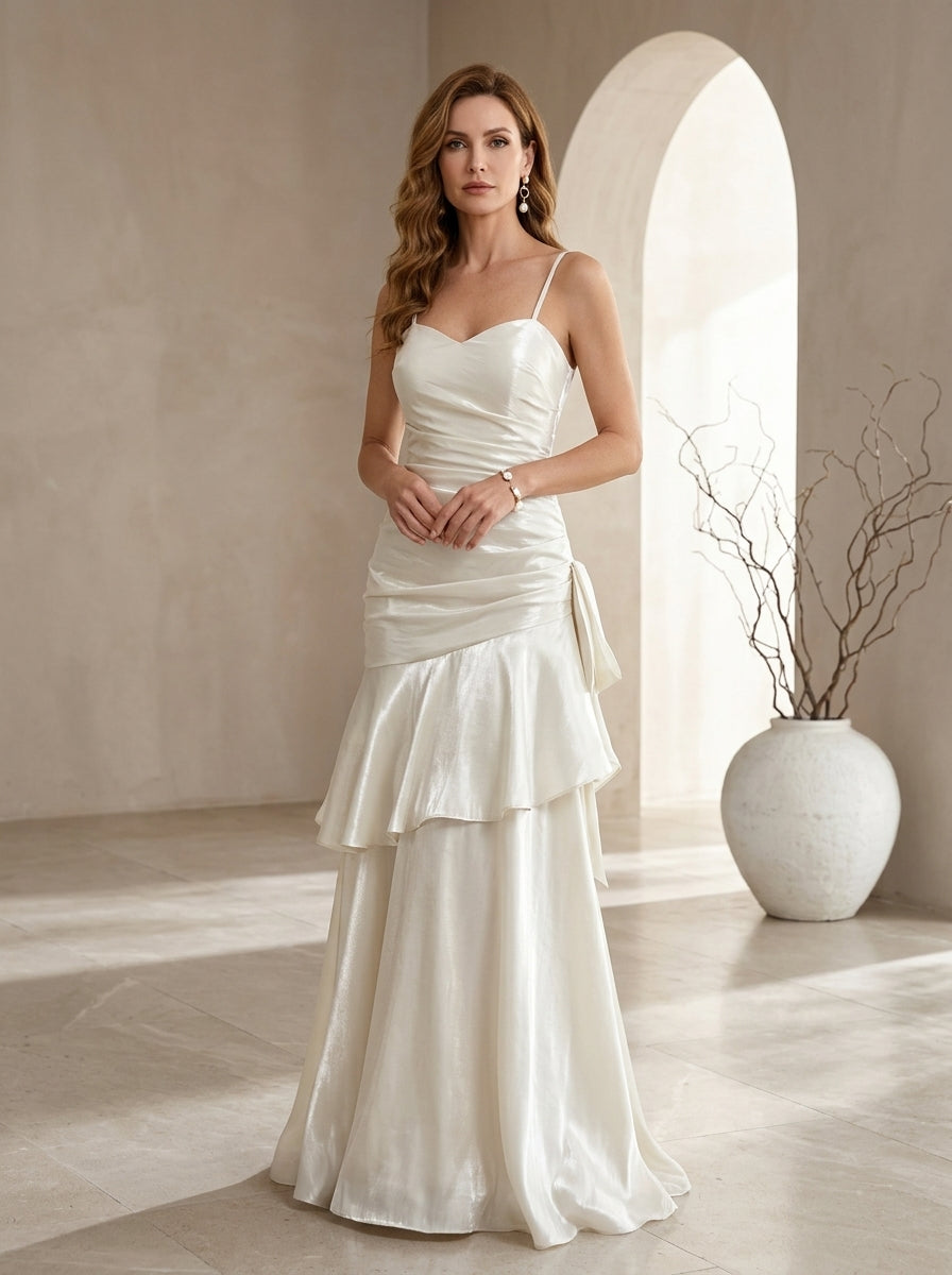 Satin Ruched Spaghetti Strap Tiered Ruffle Maxi Gown 2