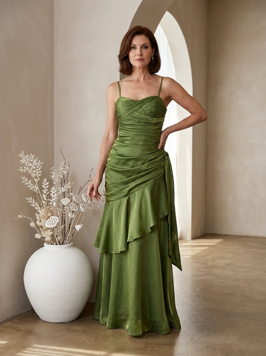 Satin Ruched Spaghetti Strap Tiered Ruffle Maxi Gown