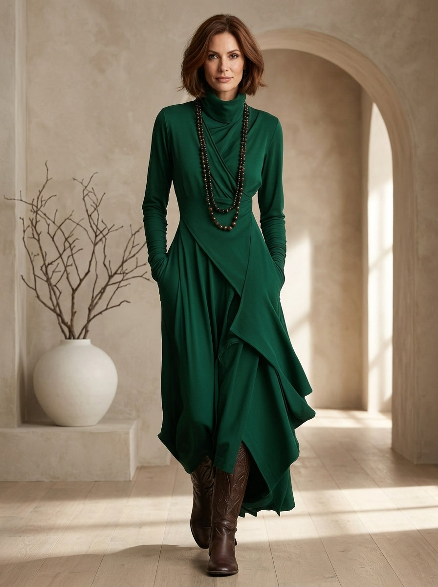 Turtleneck Long Sleeve Wrap Asymmetric Maxi Dress 8