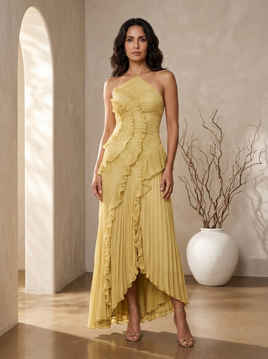 Pleated Ruffle Halter Neck High Low Maxi Dress 3