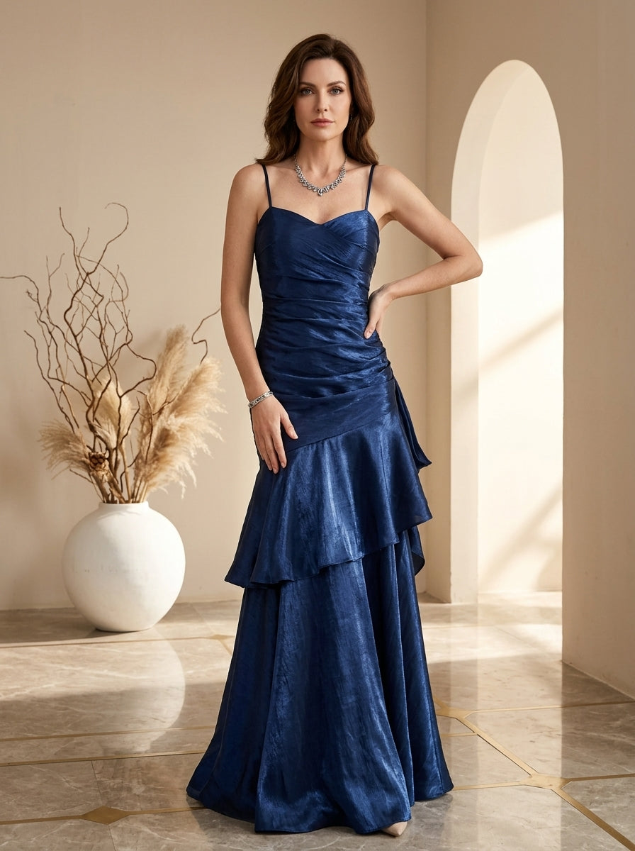Satin Ruched Spaghetti Strap Tiered Ruffle Maxi Gown 3