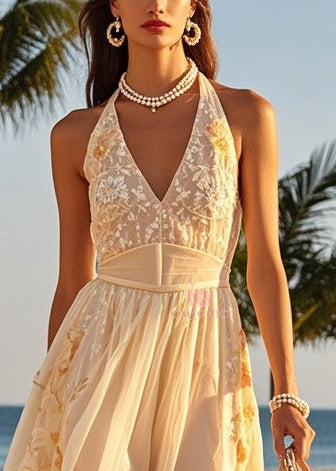 Women Beige Cold Shoulder Print Tulle Halter Dresses Summer - View 2