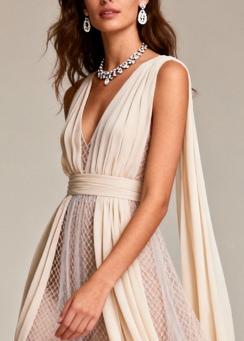 Mesh Pleated Deep V-Neck Shoulder Streamer Tiered Asymmetric Maxi Gown - View 2