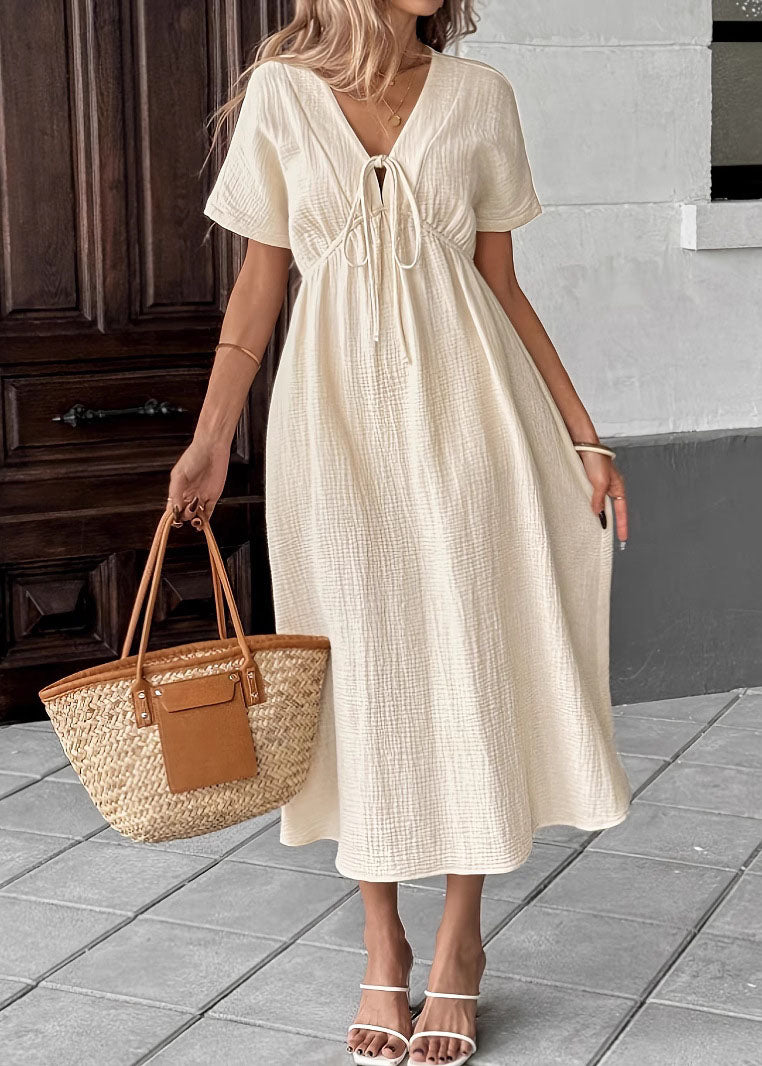 Crinkle Gauze Deep V-Neck Lace Up Short Sleeve A-Line Midi Dress