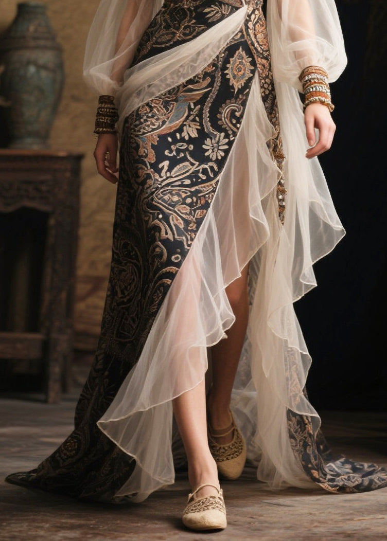 Deep V-Neck Wrap Paisley Bishop Sleeve Tiered Ruffle Maxi Gown - View 4