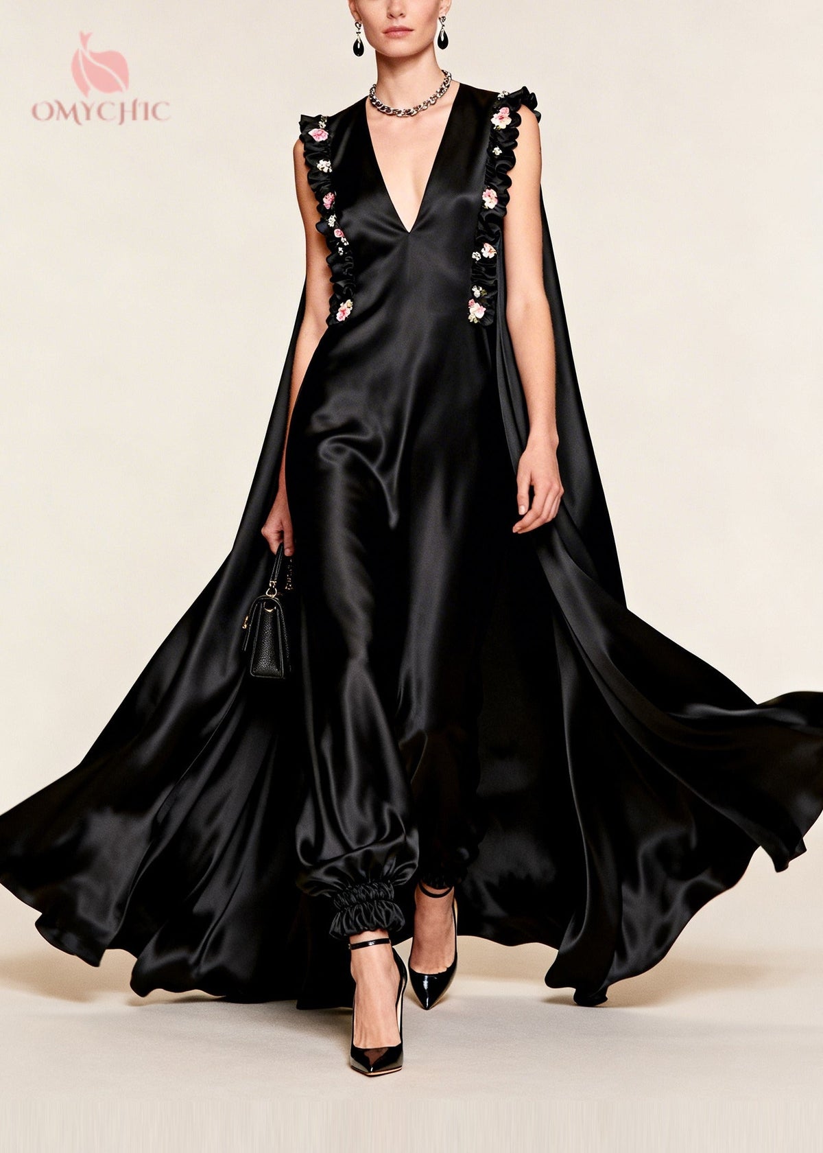 Satin Deep V-Neck Sleeveless Ruffle Trim Cape Maxi Dress - View 5