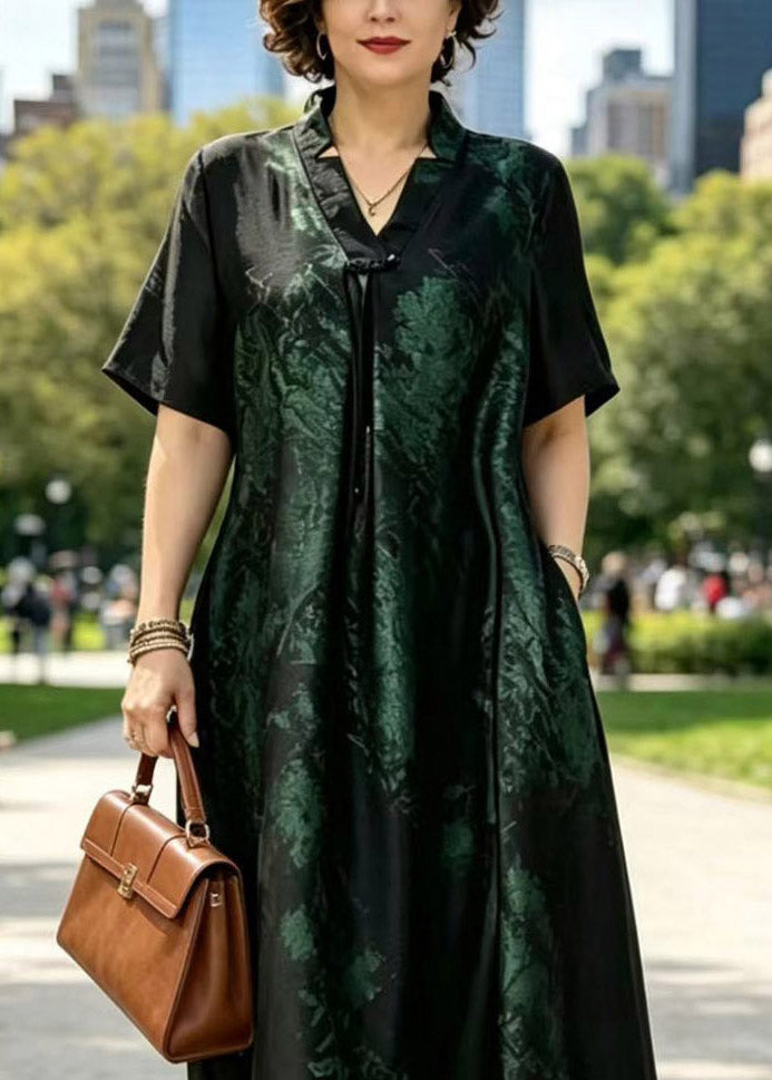 Metallic Floral Print V-Neck Drawstring Neck A-Line Maxi Dress - View 4