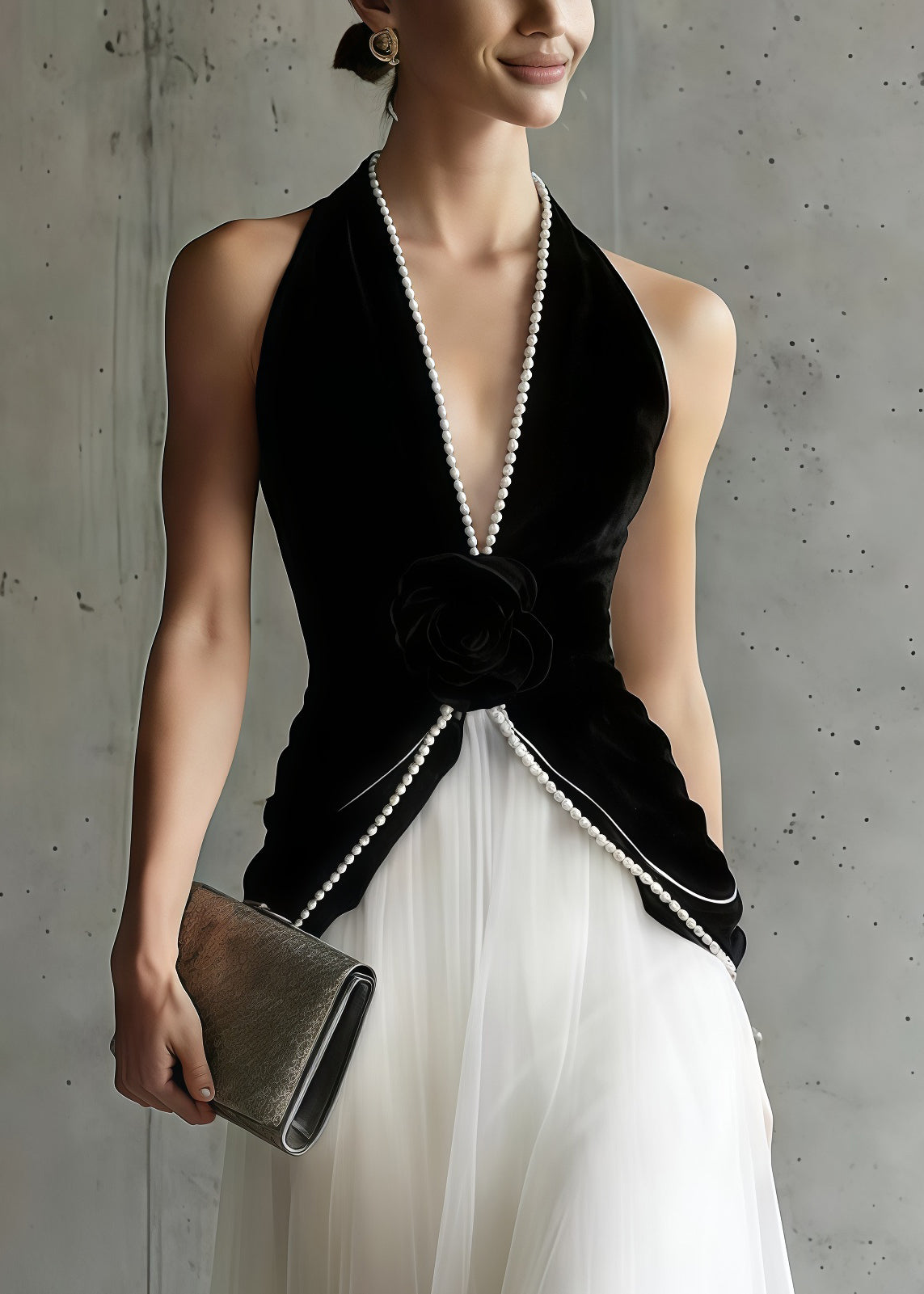 Velvet Halter Neck Deep V-Neck Rosette Tulle Maxi Dress - View 2